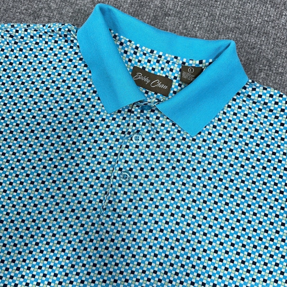 Bobby Chan Polo Shirt Men Large Blue Geometric Check Silk‎ Blend Vintage Golf